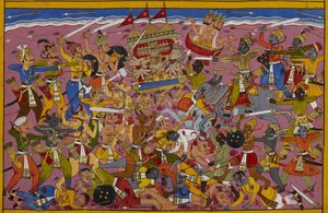 Rāvaṇa kämpft gegen Yama, aber Brahmā greift ein, um ihn zu schützen von Indian School