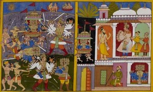Rāvaṇa wird von Arjuna besiegt und gefangen genommen, dann auf Poulastyas Bitte freigelassen von Indian School