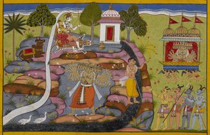 Ravana reitet auf dem Pushpaka-Wagen, hebt dann den Berg Kailasa an und schüttelt ihn, um Shiva herauszufordern