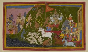 Rāvaṇa verwundet Affen; Hanumān und Lakṣmaṇa greifen an und fordern ihn heraus von Indian School