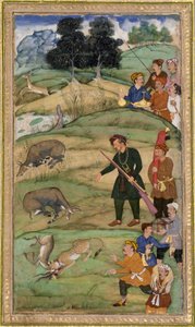 Salim, der sein Gewehr hält, zeigt auf einen toten Nilgai, ca. 1600