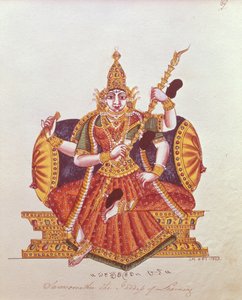 Saratheswathee, hinduistische Göttin des Lernens, mit singhalesischer und englischer Inschrift von Indian School