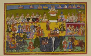 Sita wird bestätigt, als die Erdgöttin sie empfängt und ihre Tugend vor der Versammlung bestätigt von Indian School