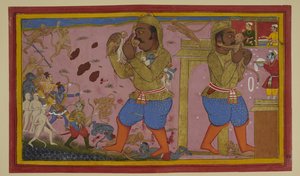 Sugrīva verwundet Kumbhakarṇa; er wehrt sich, während Rāma und Verbündete vorrücken von Indian School