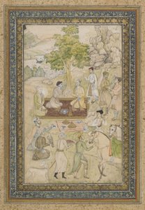 Sultan Murad und Sultan Daniyal bei einem Picknick, abgelöstes Albumblatt mit Malerei, ca. 1900 von Indian School