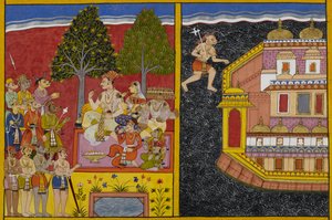 Sumali drängt Ravana, Lanka zu erobern, während Prahasta Vaisravan um Zustimmung bittet von Indian School