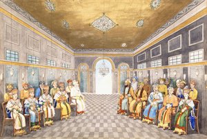 Die Nawabs und Könige von Oudh in einem Palastinneren mit ihren Dienern, ca. 1800