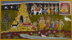 Die Kreaturen flehen Brahmā an, der Hanuman wiederbelebt, und die Götter verleihen ihm große Stärke von Indian School