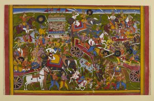 Die Götter und Dämonen kämpfen heftig; Vasu duelliert sich und besiegt Sumāli, Rāvaṇas Großvater von Indian School