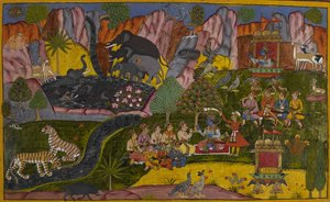 Die Götter loben Rāma und laden ihn ein, die Einsiedelei des Weisen Agastya zu besuchen, während er durch einen Wald reist von Indian School