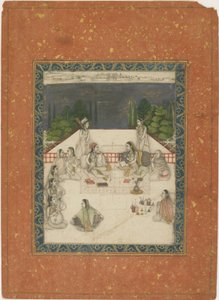 Zwei Frauen auf einer Terrasse, umgeben von Dienern und Musikern, ca. 1650 von Indian School