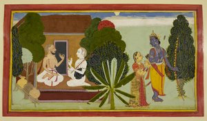 Valmiki und Narada unterhalten sich links, mit Rama und Sita rechts von Indian School