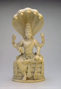 Vishnu, sitzend auf der Schlange Sesha, hält eine Muschel, Keule, Scheibe und Lotus von Indian School