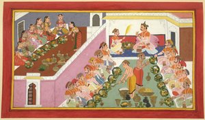 Visvamitra, seine Begleiter und seine Armee genießen ein üppiges Fest im Einsiedlerheim von Indian School