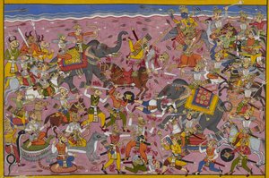 Vishnu kämpft gegen die Dämonen; Mali fällt, durchbohrt von einer Lanze von Indian School