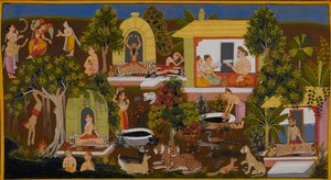 Vishvamitra entdeckt die Einsiedelei des Weisen Vasishtha von Indian School