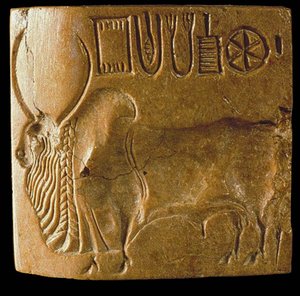 Zebu-Bullen-Siegel mit Indus-Schrift, gefunden in Mohenjo Daro, Industal von Indus Valley Civilisation.