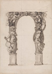 Entwurf für einen temporären Bogen, verziert mit Putti und allegorischen Figuren von Musik und Krieg von Inigo Jones