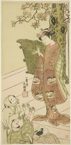 Der Schauspieler Arashi Hinaji I, möglicherweise als Yuya Gozen im Stück Ima o Sakari Suehiro Genji, aufgeführt im Nakamura-Theater ab dem ersten Tag des elften Monats, 1768
