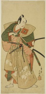 Der Schauspieler Ichikawa Komazo II als Kudo Saemon Suketsune (?) im Stück Haru wa Soga Akebono-zoshi (?), aufgeführt im Nakamura-Theater (?) im ersten Monat, 1772 (?)