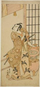 Der Schauspieler Sawamura Sojuro II als Kudo Suketsune (?) im Stück Edo no Hana Wakayagi Soga (?), aufgeführt im Ichimura-Theater (?) im zweiten Monat, 1769 (?)
