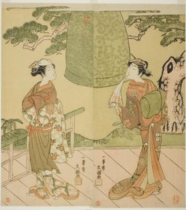 Die Schauspieler Ichimura Uzaemon IX als Shume no Hangan Morihisa (rechts) und Sanogawa Ichimatsu II als Chujo (links) im Stück Edo no Hana Wakayagi Soga, aufgeführt im Ichimura-Theater im zweiten Monat, 1769 von Ippitsusai Bunchō