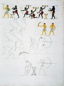 Militärszenen, Soldaten mit Bögen und Pfeilen, aus den Gräbern von Beni Hasan, Tafel CXVIII, aus Denkmälern von Ägypten und Nubien: zivile Denkmäler