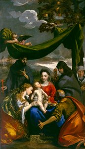 Jungfrau und Kind mit den Heiligen Maria Magdalena, Peter, Klara, Franziskus und einer Äbtissin, ca. 1600 von Ippolito Scarsella