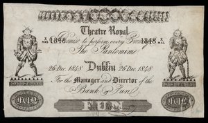 Werbung für eine Pantomime im Theatre Royal, Dublin, basierend auf einem Bank of Ireland-Banknote von Irish School