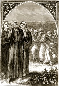 St. Columba singt und wird von den Druiden angegriffen, aus The Trias Thaumaturga, oder Drei Wunderwirkende Heilige von Irland, von Mary Cusack (1829-99) veröffentlicht um 1890