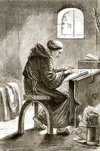 St. Vincent schreibt in seiner Zelle in Ferins, aus The Trias Thaumaturga, oder Drei Wunderwirkende Heilige von Irland, von Mary Cusack (1829-99) veröffentlicht um 1890 von Irish School