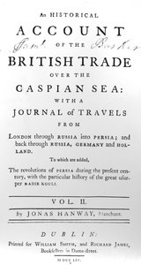 Titelseite zu An Historical Account of British Trade over the Caspian Sea, mit einem Reisejournal von Jonas Hanway, 1754