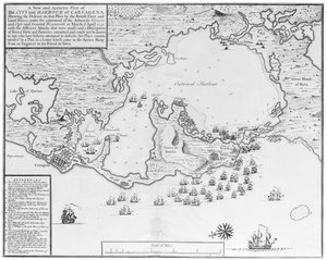 Ein neuer und genauer Plan der Stadt und des Hafens von Cartagena, der den Abstieg dieses Ortes durch die britische Flotte und Landstreitkräfte unter dem Kommando der Admirale Vernon und Ogle und General Wentworth im März & April 1741 zeigt...