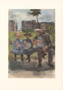 Ein Mann mit drei Mädchen auf einer Bank im Oosterpark in Amsterdam von Isaac Israels