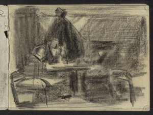 Figuren an einem Tisch in einem Interieur