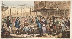 Ein Streich im hohen Leben, oder ein Besuch in Billingsgate, aus The English Spy, veröffentlicht 1824 von Isaac Robert Cruikshank