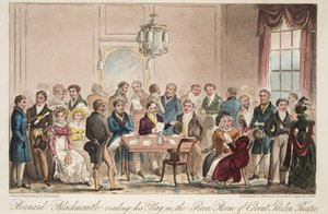 Bernard Blackmantle liest sein Stück im Green Room des Covent Garden Theatre, aus The English Spy, veröffentlicht 1824 von Isaac Robert Cruikshank