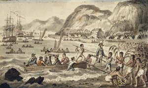 Captain Cook landet in Owyhee, Illustration aus "Die Reisen von Captain Cook" von Isaac Robert Cruikshank