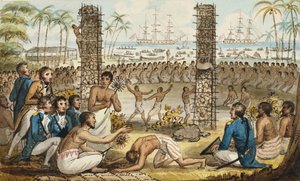 Kapitän Cook auf der Insel Otaheite, aus den Reisen von Kapitän Cook von Isaac Robert Cruikshank