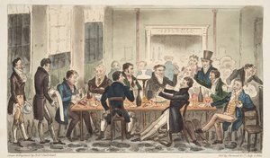 Abend und in guter Stimmung, eine Szene im Longs Hotel, Bond Street, aus The English Spy, veröffentlicht 1824 von Isaac Robert Cruikshank
