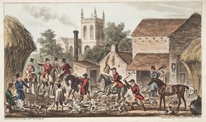Ausgehen; Eine Ansicht des Berkeley Hunt Kennel, aus The English Spy, veröffentlicht 1824 von Isaac Robert Cruikshank