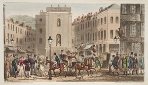 Milsom Street & Bond Street mit Porträts von Bath Swells, aus The English Spy, veröffentlicht London, 1824 von Isaac Robert Cruikshank