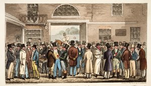 Montag nach dem großen St. Leger, oder Helden des Turfs zahlen und empfangen bei Tattersalls, aus The English Spy, veröffentlicht 1824
