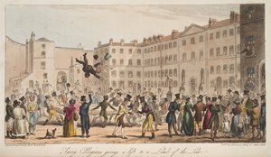 Surrey Collegians geben einem Gesetzesvertreter eine Mitfahrgelegenheit, aus The English Spy, veröffentlicht 1824 von Isaac Robert Cruikshank