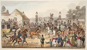 Die Ankunft, oder westlicher Eingang in Cockney Land, aus The English Spy, veröffentlicht 1824 von Isaac Robert Cruikshank