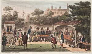 Die Bowlingbahn, Worcester, oder Charaktere des Hand and Glove Club, aus The English Spy, veröffentlicht London, 1824 von Isaac Robert Cruikshank
