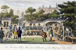 Die Kegelbahn oder Charaktere des Hand and Glove Club - in „The English Spy“ von Charles Molloy Westmacott, Zeichnung von Robert Cruikshank, Londoner Ausgabe von Isaac Robert Cruikshank