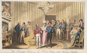 Die Abendgesellschaft im Pavillon, Brighton, aus The English Spy, veröffentlicht 1824 von Isaac Robert Cruikshank