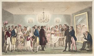 Der Green Room des Kings Theatre, oder edle Amateure betrachten ausländische Kuriositäten, aus The English Spy, veröffentlicht 1824 von Isaac Robert Cruikshank