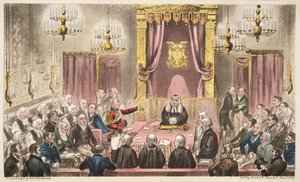 Das House of Lords in heftiger Debatte, aus The English Spy, veröffentlicht 1824 von Isaac Robert Cruikshank